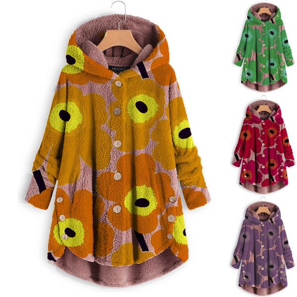 

women's jackets hsu sweatshirt fashion women button coat printing fluffy hooded pullover loose sweater casual female clothes, Black;brown