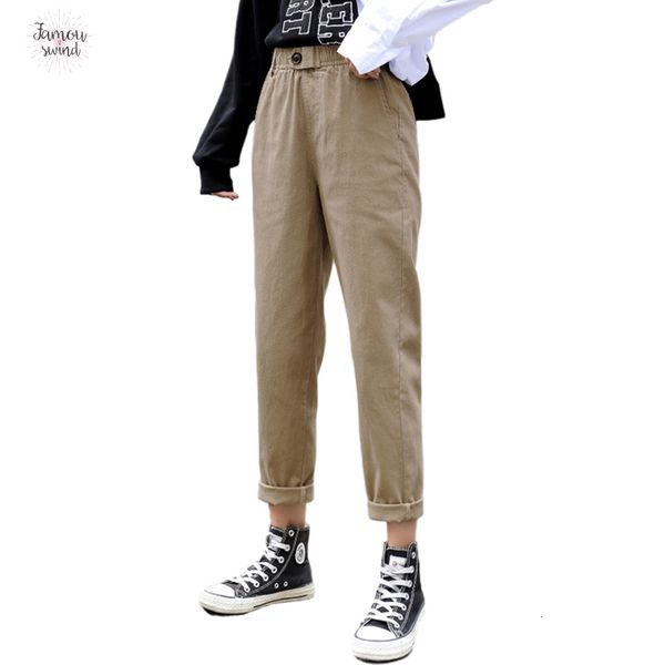 

pants 2019 new spring women clothing straight overalls harem casual korean elastic waist triangle buckle cargo pants, Black;white