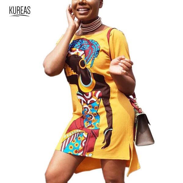 

kureas african dress dashiki asymmetrical women print slit t shirt dresses casual short sleeve vestidos africa clothes, Red