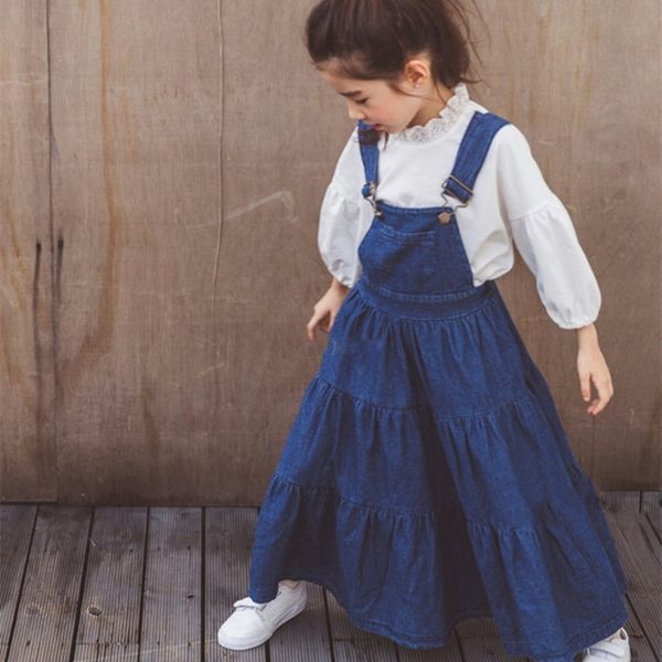 

2019 spring kids dresses for girls denim blue strap big girl sundress children casual girl jeans dress deguisement enfant fille, Red;yellow