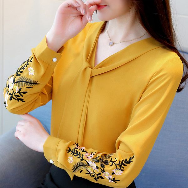 

long sleeve embroidery chiffon blouse womens and blouses shirt 2020 office lady shirt women blusas feminine blouse, White