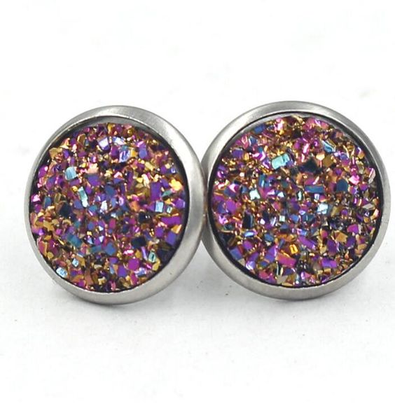 Wholesale- Drusy Stud Brincos 17 Cores Rock Lava Cristal Geometria Pedra Brincos Jóias Para As Mulheres Menina Brithday Presente de Natal 12mm