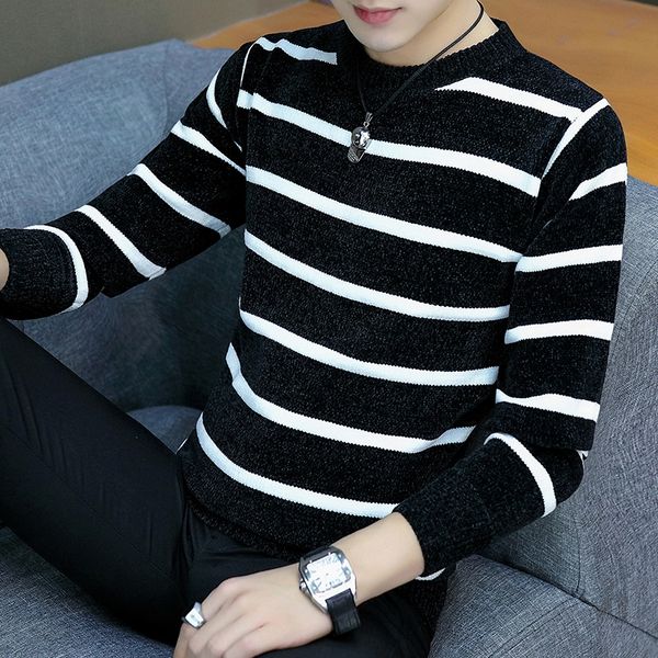 

autumn and winter 2019 new striped sweater men's korean version trend thickening handsome knit bottoming pullover gray yellow, White;black