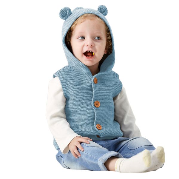 

toddler baby boy and girls girl sweater hooded knitted button bear vest children coat kids cardigan sweater vest, Blue