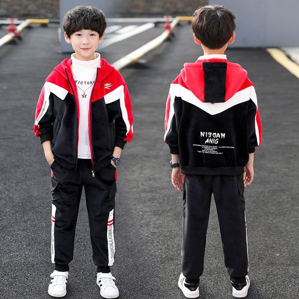 

children's clothing autumn and winter jacket with velvet zipper cardigan sweater pants boys sports suit thick coat casual trousers 2 se, White