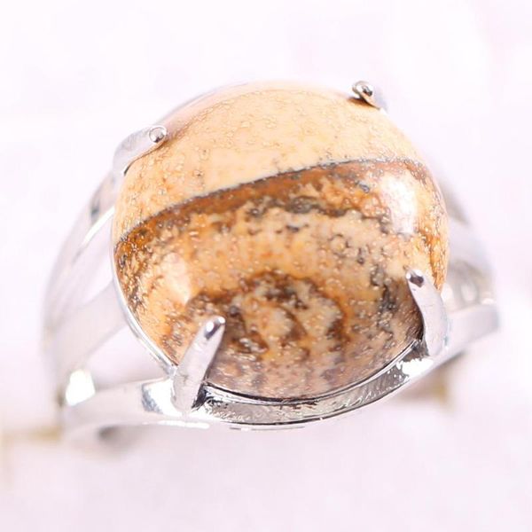 

1pcs silver color jewelry gift adjustable ring for women natural stone round cab cabochon picture jaspers bead finger ring z213, Golden;silver