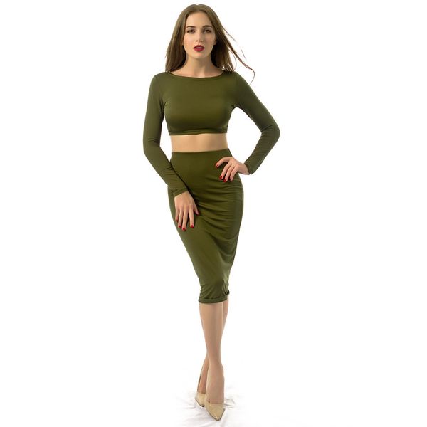 

long sleeved backless slim two piece dress female bandage solid clothing, White