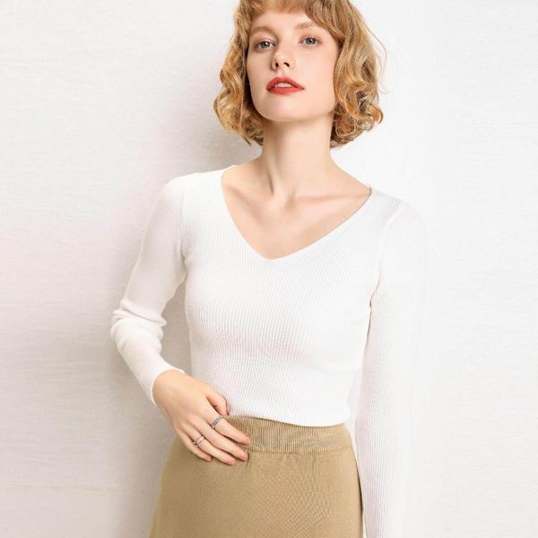 

fashion new women v-neck knitting cashmere long sleeve shirts top, White;black