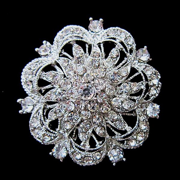 

silver tone large rhinestone crystal round flower brooch, Gray
