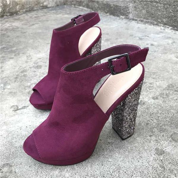 

europe and the united states new large size women's shoes platform high heel fashion sequin thick heel word buckle fish, Black