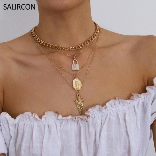 

salircon punk arrow portrait lock pendant necklace multi layer cuban link chain rhinestone necklace choker women hip hop jewelry, Silver