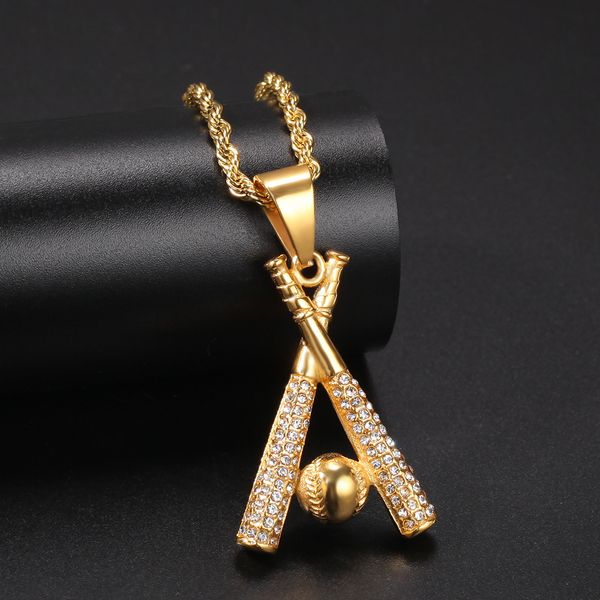 

hip hop stainless steel baseball pendant necklace sports fitness jewelry 18k real gold plated white zircon, Silver