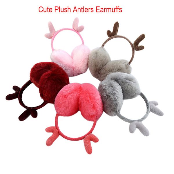 

new cute women winter warm earmuff plush warm foldable fur solid color cute plush antlers ears adjustable earmuffs, Blue;gray