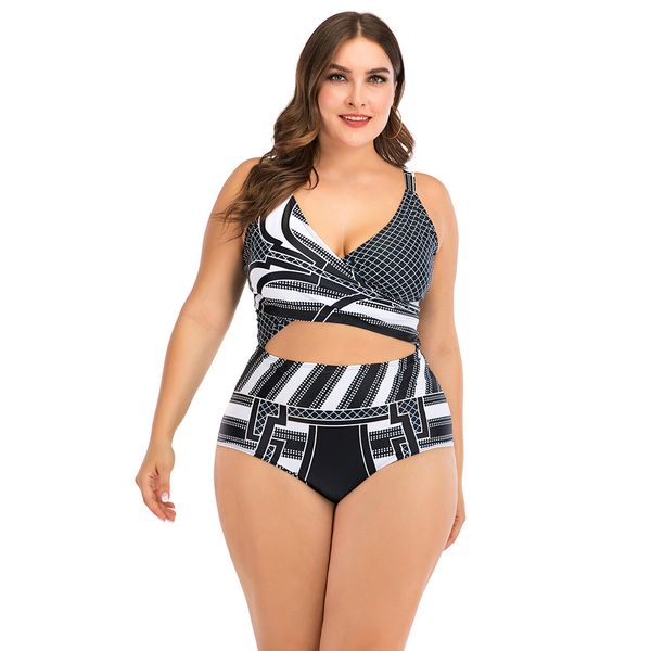 

plus size swimsuit women one piece swimwear large bra stripe ladies bikini beach swimsuit 2020 printed plus up swimming suit, White;black