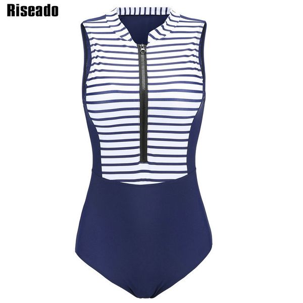

riseado new 2019 striped printing one piece swimsuits women patchwork rash guards swimwear women zipper design bathing suits, White;black