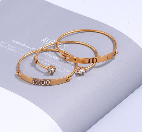 

fashion design jewelry retro brass letter three piece set bracelet female zircon inlay three layers wear nether ins same style, Golden;silver