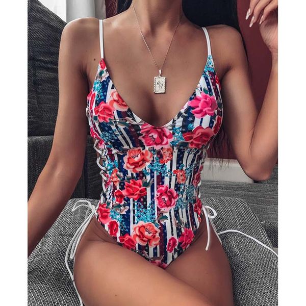 

2020 one piece swimsuit print floral swimwear women tie up swimsuit push up bathing suit beach pool female swimming suit, White;black