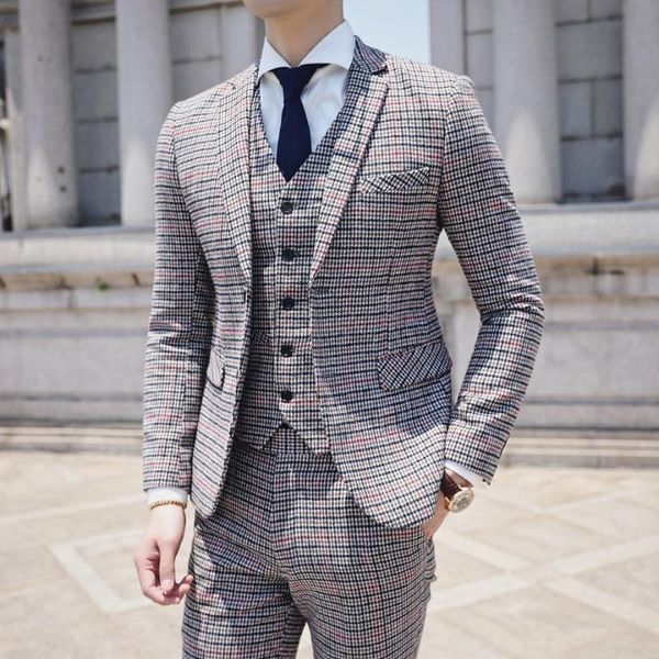 

houndstooth suit men 2020 new arrival slim fit costume homme 3 piece wedding party dress luxury mens british style suit q652, White;black