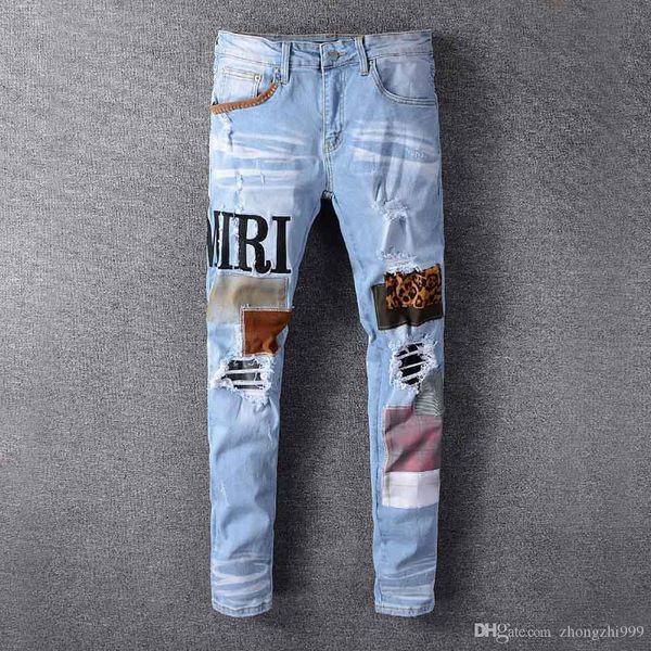 

designer mens jeans trend casual fashion hip hop pants letter printing motorcycle pants luxury blue hole straight pants amiri