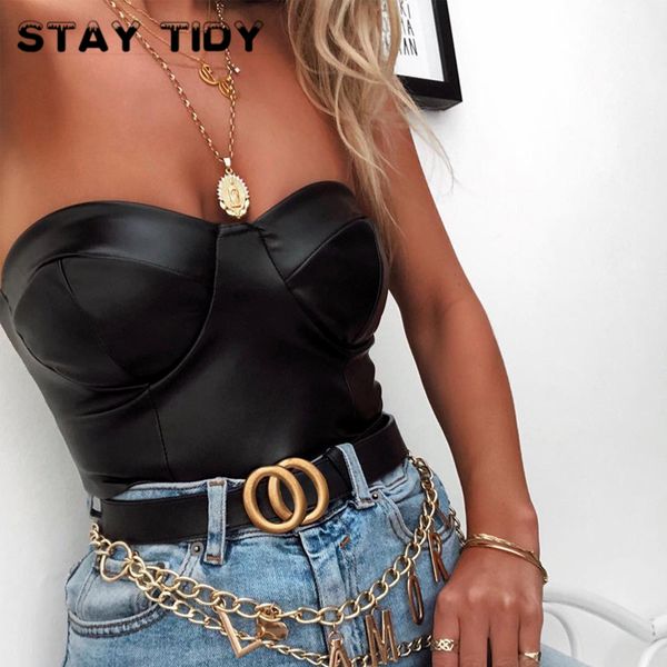 

stay tidy black pu faux leather strapless tube summer women backless slash neck bodycon crop party streetwear 2020, White