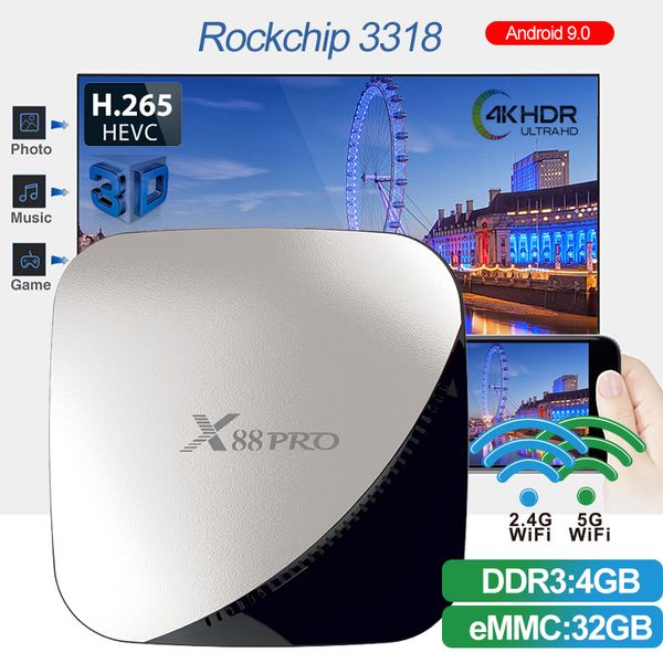 

X88 pro Rockchip RK3318 Octa Core Смарт Android 9.0 ТВ-бокс 4 ГБ 32 ГБ 2.4 г / 5 г Dual WiFi 4 К Set Top Box