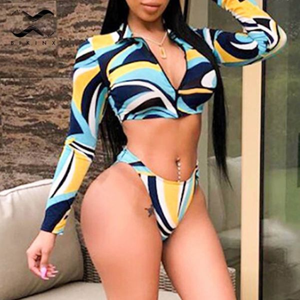 

bikinx long sleeve female swimsuit with zipper large size bikini high cut swimwear women 2019 push up bathing suit bathers, White;black