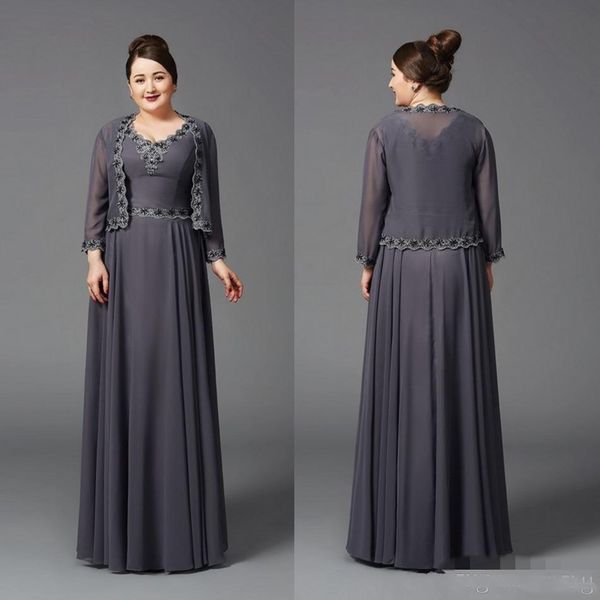 

2019 Cheap Plus Size Grey Chiffon Mother of the Bride Dresses With Jackets Wedding Dress Custom Made Lace Party Evening Gown Long Sleeves