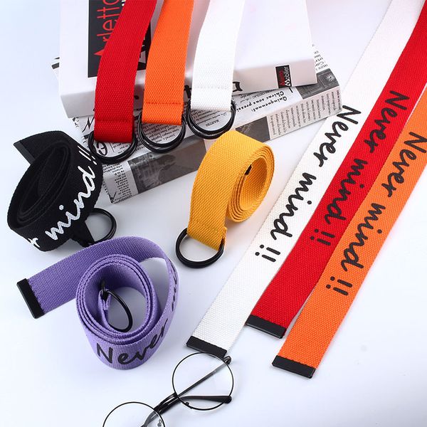 

women belt letter never mind printed fashion d ring canvas strap female long belts for jeans punk embroidery strap, Black;brown