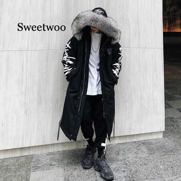 

new winter hip hop fashion long fur collar coat 2020 cotton jacket hoodies clothing street wear outerwear coats warm thick, Black