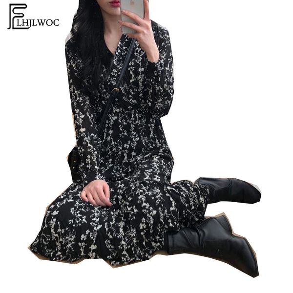 

2019 spring long dresses women fashion long sleeve slim waist a line korea style v neck black floral print vintage dress, Black;gray