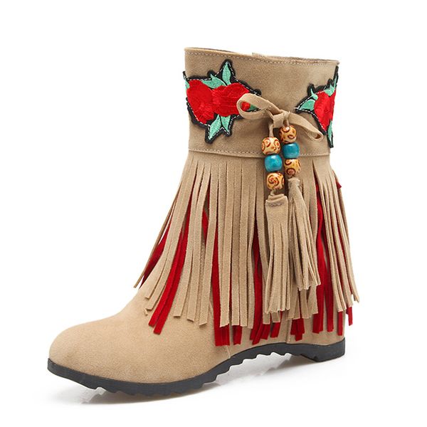 

pretty chinese tassel boots women embroidery high heel ankle boots red bohemian gypsy boho ethnic national fringe shoes booties, Black