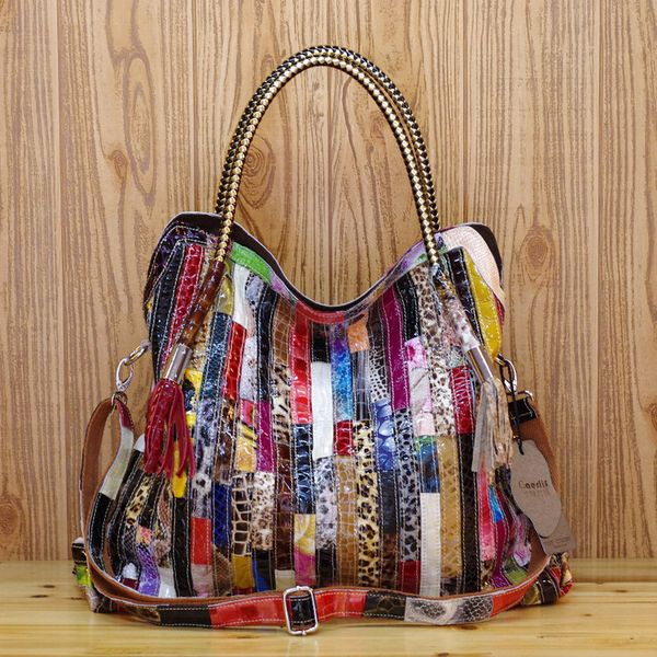 

women's bag with leather snake pattern and colorful stripes