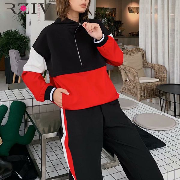 

rziv spring women's two piece set casual multi-color stitching sports and pants, White