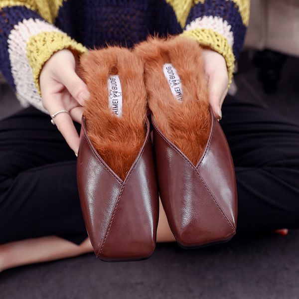 

leather fur slippers 2019 new style fashion fur shoes square head flat slip non-slip slippers indoor home cotton shoes, Black