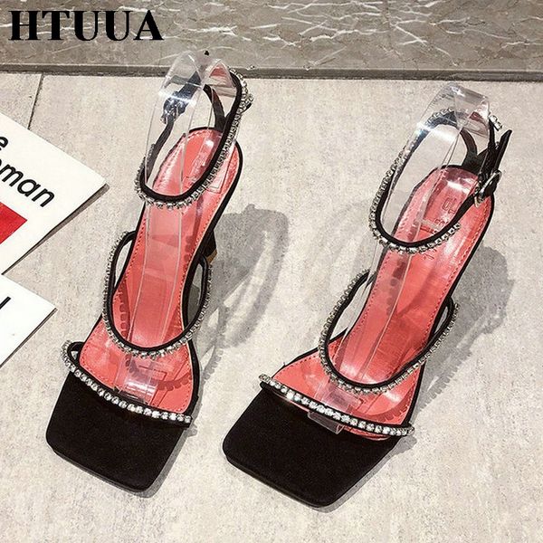 

htuua design bling crystal thin high heel sandals women 2020 summer ankle strap gladiator sandal ladies shoes sx4124, Black
