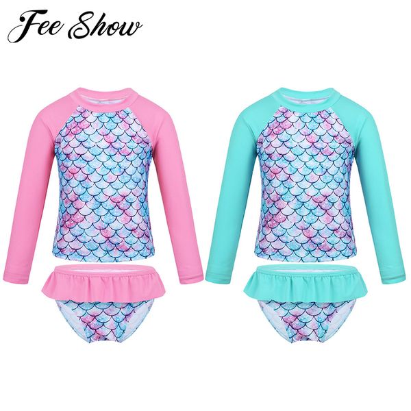 

маленькие девочки две пьесы rash guard swimsuit set длинные рукава чешуи печати бикини купальный костюм upf50 + пляж купальники y200623, White