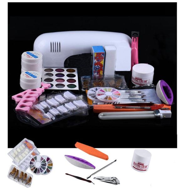 

21 in 1 nail art combo set professional 9w uv lamp diy uv gel nail art brush buffer cutter painting tools new learner kits sets