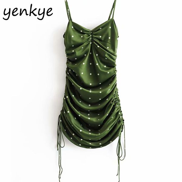 

casual dresses summer 2021 women polka dot green sling party dress lady backless sleeveless drawstring draped bodycon mini ldzz6086, Black;gray