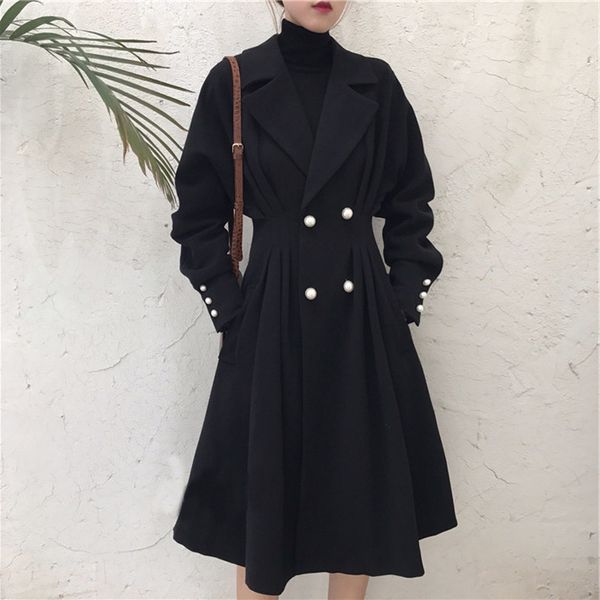 

2019 fashion large size thin overcoat solid black color double breasted long sleeve women trench coat dress, Tan;black