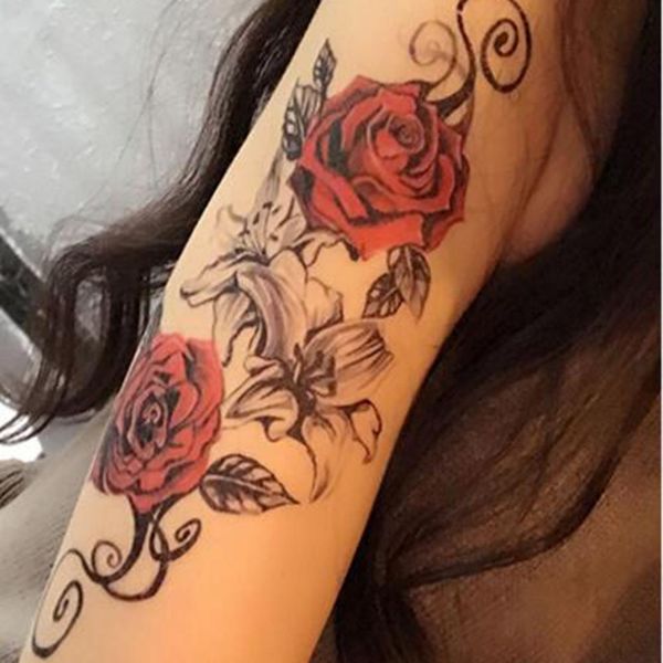 Red Roses Flower Waterproof Temporary Sticker Body Art Tattoo Body Arm 3d Rose Tatoo Waterproof Men Fake Tatoos Chains Create Your Own Temporary