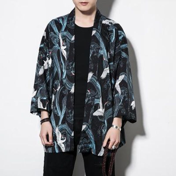 Cloth Zongke Chinese Style Kimono Cardigan Men Shirt Crane Printed