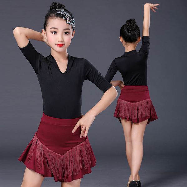 

girls latin dance dress tassel ballroom competition for child long sleeves with fringes kids samba salsa cha cha costumes skirt, Black;red
