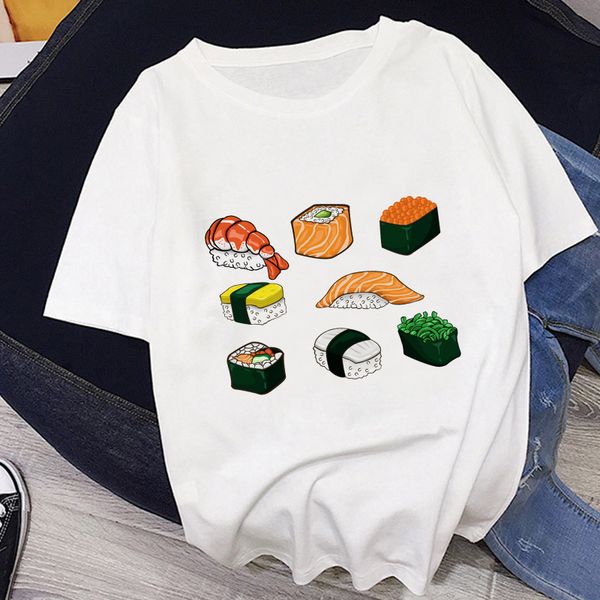 

summer new japanese style sushi lucky cat print harajuku leisure pink streetwear tracksuit personality vogue women's t-shirt, White