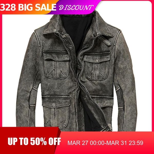 

2020 vintage grey men casual leather jacket plus size 5xl genuine cowhide spring slim fit natural leather coat ing, Black