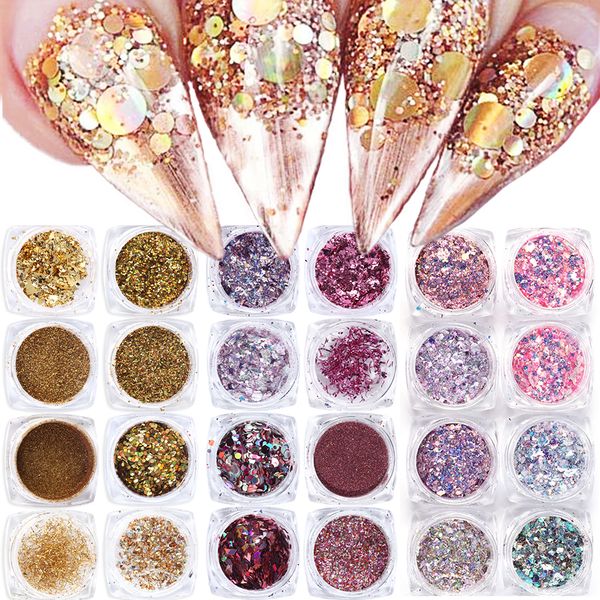 

wholesale price 15 design holographic nail glitter mix set aluminum rose gold sequins glitter shinning pailette nail art powder manicure, Silver;gold