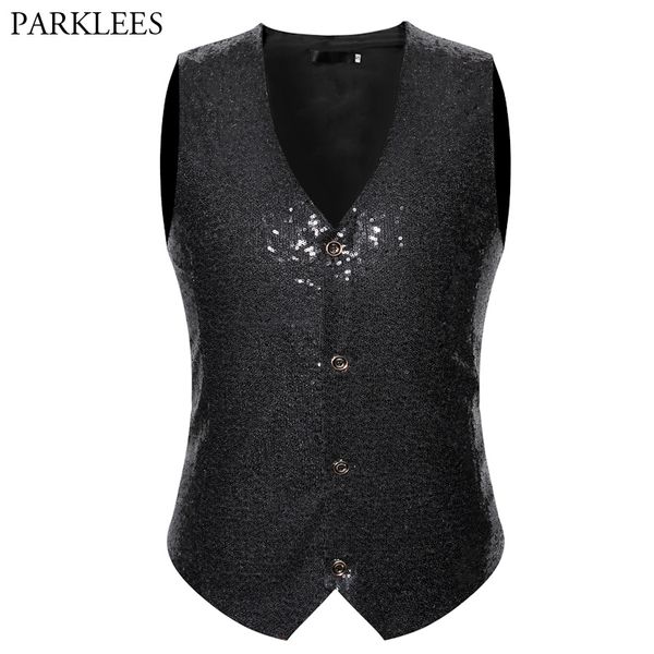 

black sequins suit vest men 2019 brand single breasted glitter waistcoat vest men singer dj party prom vests chaleco para hombre, Black;white