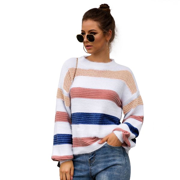 

lugentolo sweater women long sleeve loose color matching autumn winter new casual stripe round neck street lazy cozy sweater, White;black