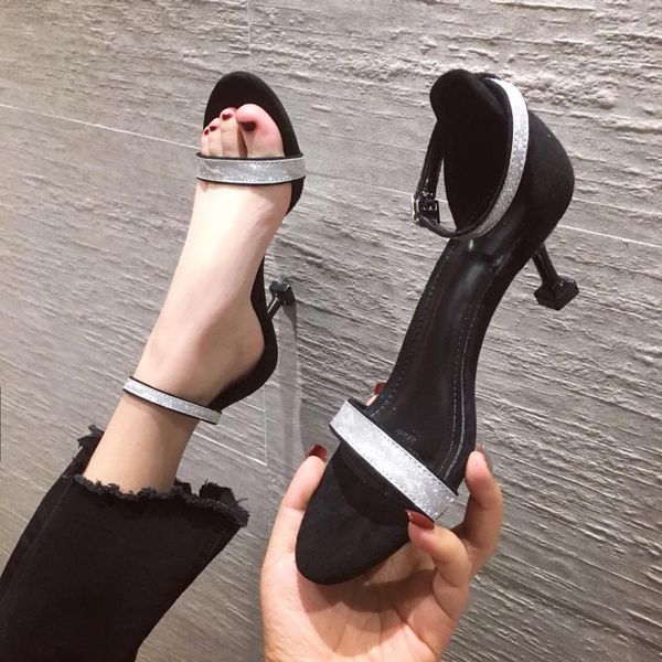 

all-match spring shoes sandals 2020 women's open toe buckle strap shallow mouth suit female beige high heels fashion, Black