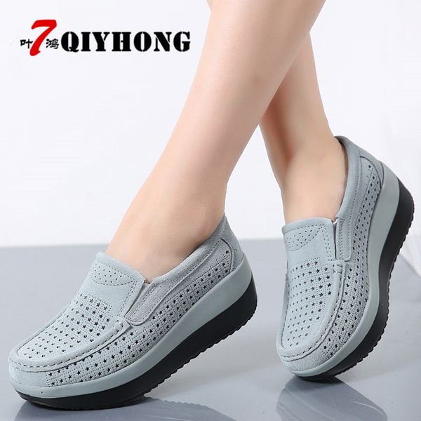 

2018spring women flat platform loafers shoes ladies suede leather hollow casual shoes slip on flats moccasins creepers y190704, Black