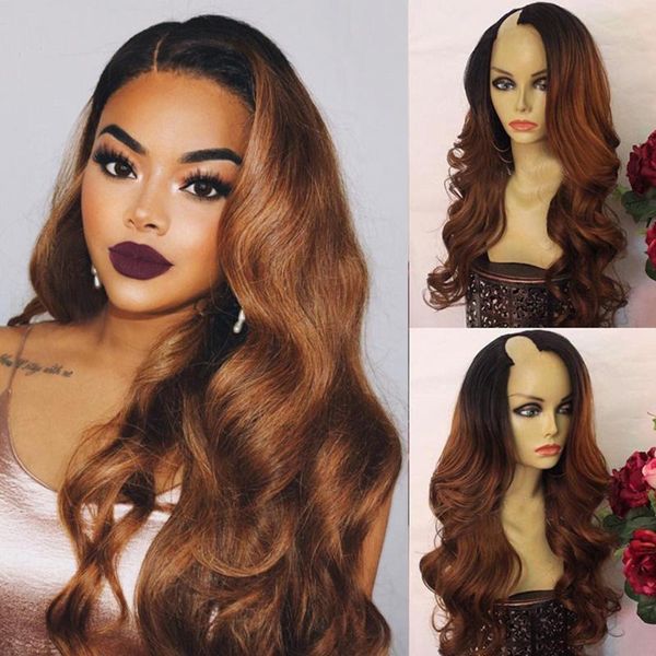 

glueless body wave ombre brown u part human hair wigs for black women brazilian hair wig with bleached knots, Black;brown